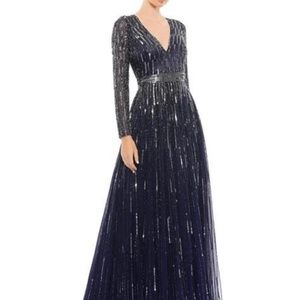 Sequin & Bead Stripe Long Sleeve Mesh Gown | Size 10